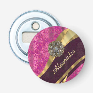 Gepersonaliseerd girly roze damast patroon button flesopener