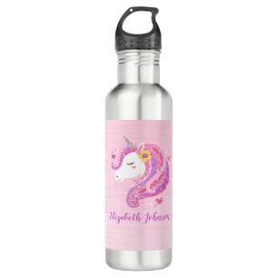 Gepersonaliseerd goochelroze glitter Unicorn gezic Waterfles