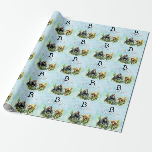 Gepersonaliseerd Gorilla Chimpanzee Oerwoud Monogr Cadeaupapier (Uitgerold)
