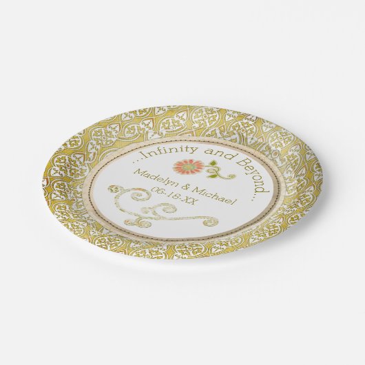 Gepersonaliseerd Gouden Damask Trouwpapier Borden Papieren Bordje (Gekanteld)