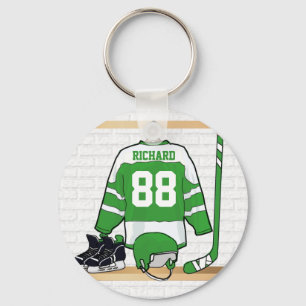 Gepersonaliseerd groen en wit ijs Hockey Jersey Sleutelhanger
