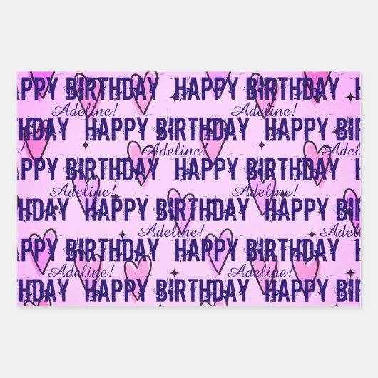 Gepersonaliseerd Happy Birthday roze en Paarse har Inpakpapier Vel (Voorkant 2)