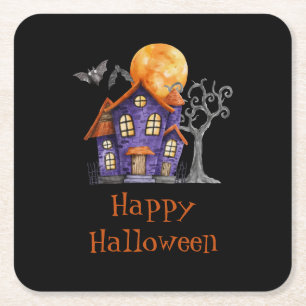 Gepersonaliseerd Happy Halloween Haunted House Vierkante Kartonnen Onderzetter