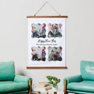 Gepersonaliseerd Happy Nieuwjaar script 4 collage Hangend Wandkleed