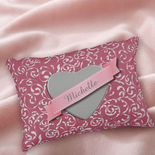 Gepersonaliseerd hartroze Damask Accent Kussen