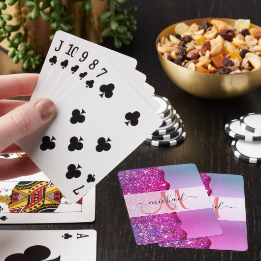 Gepersonaliseerd holografisch iriserend roze monog pokerkaarten (Insitu)