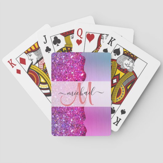 Gepersonaliseerd holografisch iriserend roze monog pokerkaarten (Achterkant)