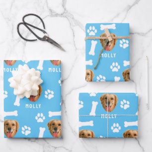 Gepersonaliseerd hond huisdier foto & naam blauw inpakpapier vel