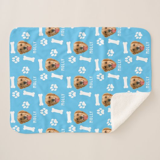 Gepersonaliseerd hond huisdier foto & naam blauw sherpa deken (Voorkant (horizontaal))