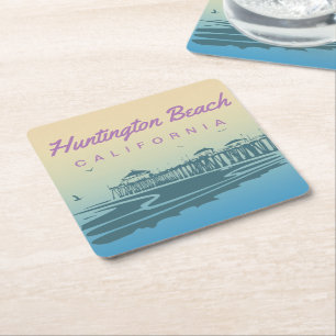 Gepersonaliseerd Huntington Beach Pier Illustratie Vierkante Kartonnen Onderzetter