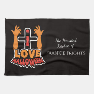 Gepersonaliseerd Ik hou van Halloween Haunted Theedoek
