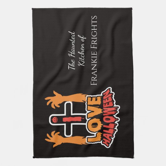 Gepersonaliseerd Ik hou van Halloween Haunted Theedoek (Verticaal)