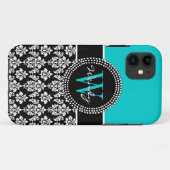 Gepersonaliseerd Initiaal Aqua Black Damaspatroon Case-Mate iPhone Case (Achterkant (horizontaal))
