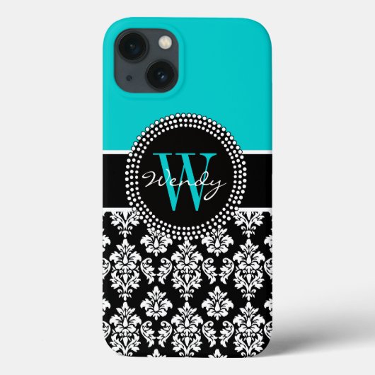 Gepersonaliseerd Initiaal Aqua Black Damaspatroon Case-Mate iPhone Case (Achterkant)