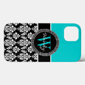 Gepersonaliseerd Initiaal Aqua Black Damaspatroon Case-Mate iPhone Case (Achterkant (horizontaal))