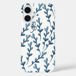 Gepersonaliseerd Initiaal Blauw blad Waterverf Pat iPhone 16 Hoesje
