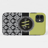 Gepersonaliseerd Initiaal Green Black Damask Hoesj Case-Mate iPhone Case (Achterkant (horizontaal))