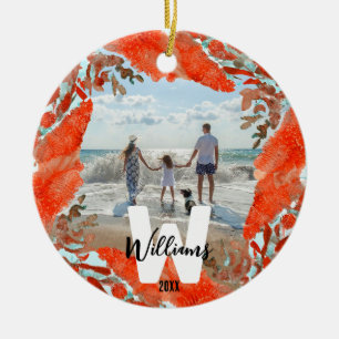 Gepersonaliseerd Initiaal, naam, jaar & rood koraa Keramisch Ornament