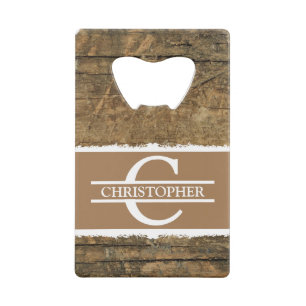 Gepersonaliseerd initiaal: rustige faux-bruin kredietkaart flessenopener