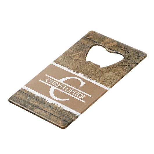 Gepersonaliseerd initiaal: rustige faux-bruin kredietkaart flessenopener (Achterkant Gekanteld)