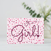 Gepersonaliseerd is een meisje! Kaart roze poladot (Staand voorkant)
