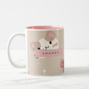 Gepersonaliseerd Kawaii Cat gezichtspatroon Tweekleurige Koffiemok