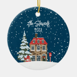 Gepersonaliseerd kerstdorpsschilderij keramisch ornament