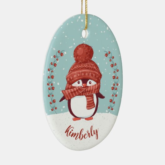 Gepersonaliseerd kerstfeest met pinguïn keramisch ornament (Rechts)