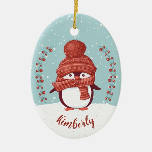 Gepersonaliseerd kerstfeest met pinguïn keramisch ornament (Voorkant)