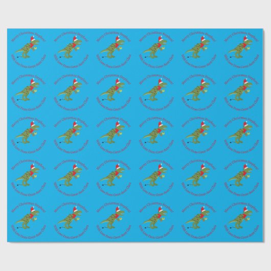 Gepersonaliseerd kerstfeest T-Rex Dinosaur Blue Cadeaupapier (Vlak)