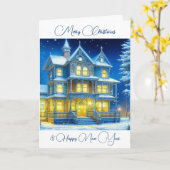 Gepersonaliseerd Kersthuis op een sneeuwnacht Kaart (Gele Bloem)