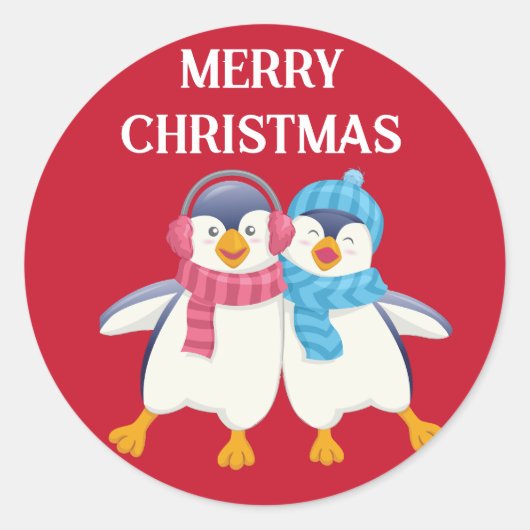 Gepersonaliseerd kerstschattige pinguïns ronde sticker (Voorkant)