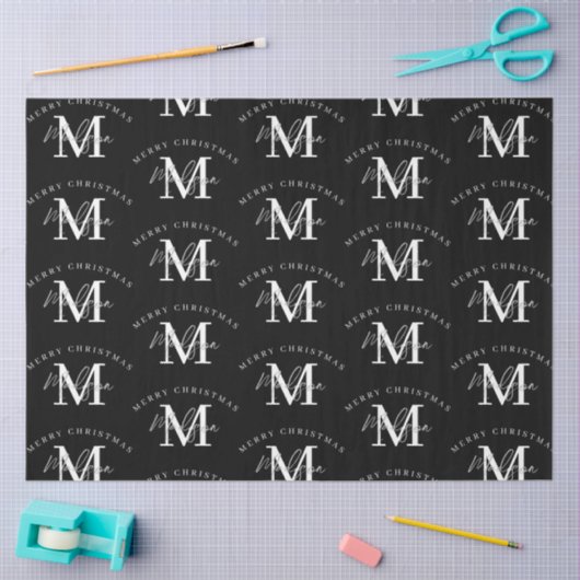 Gepersonaliseerd kerstzwart wit monogram tissuepapier (Craft)