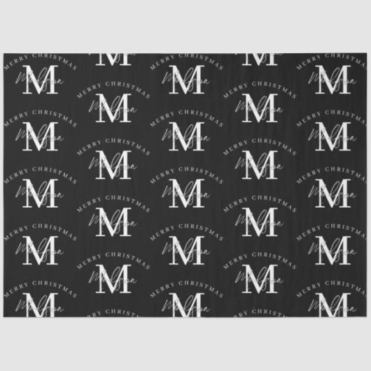 Gepersonaliseerd kerstzwart wit monogram tissuepapier (Voorkant)
