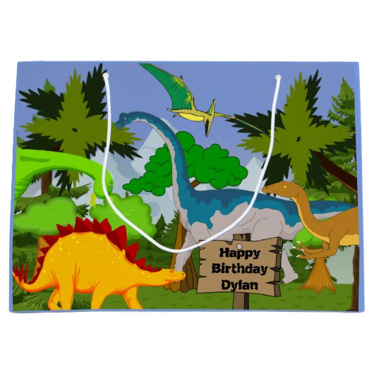 Gepersonaliseerd kind Dinosaur Birthday Large Cadeautasje (Voorkant)