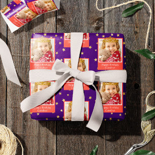 Gepersonaliseerd Kind foto Happy Birthday Gold Cro Cadeaupapier