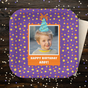 Gepersonaliseerd Kind Foto Happy Birthday w / Blue Papieren Bordje