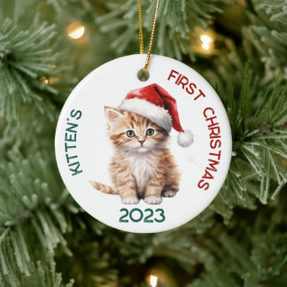 Gepersonaliseerd kitten's eerste kerstontwerp keramisch ornament