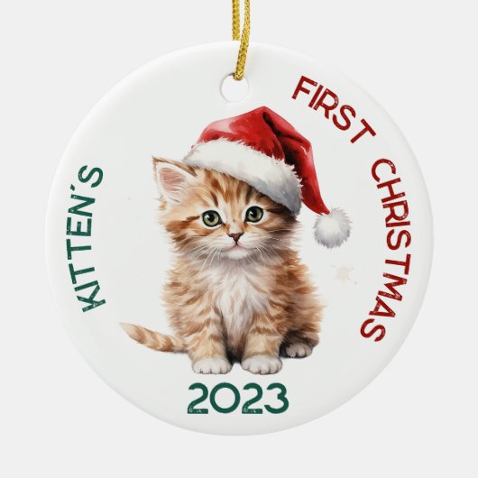 Gepersonaliseerd kitten's eerste kerstontwerp keramisch ornament (Voorkant)