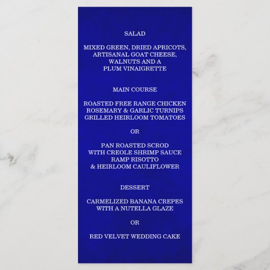 Gepersonaliseerd koninklijk kobalt-weddenschap menu (Achterkant)