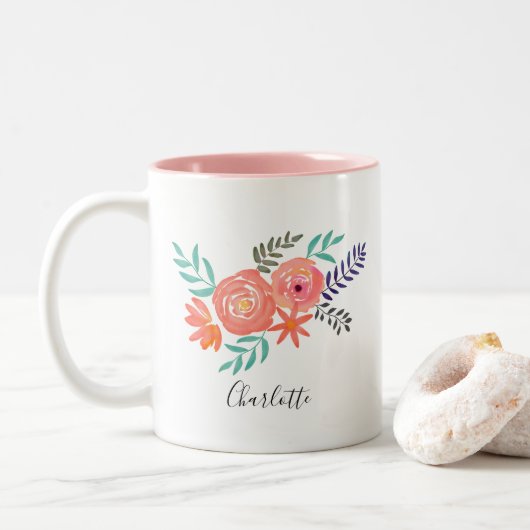 Gepersonaliseerd koraalroze Waterverf Bloem Bouque Tweekleurige Koffiemok (Met donut)