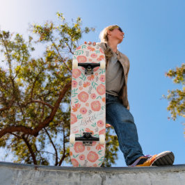 Gepersonaliseerd Koraalroze Waterverf Bloempatroon Skateboard