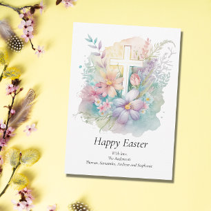 Gepersonaliseerd kruis bloemrijk pastel religieus  feestdagenkaart