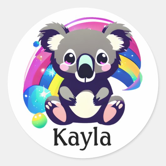 Gepersonaliseerd Leuk Koala Beer en Regenboog Ronde Sticker (Voorkant)