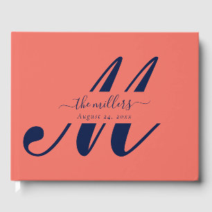 Gepersonaliseerd marineblauw- en koraalmonogram gastenboek