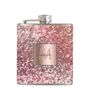 Gepersonaliseerd meisje Blush Roze Glitter Monogra Heupfles