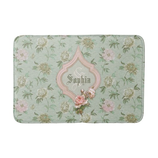 Gepersonaliseerd meisje Chic Green en roze Floral Badmat (Voorkant)