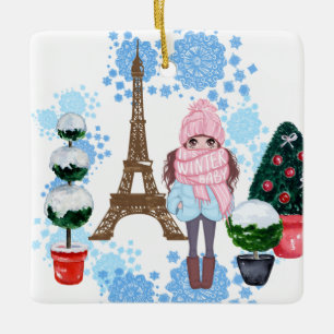 Gepersonaliseerd meisje in de Parijse wintertoren Keramisch Ornament