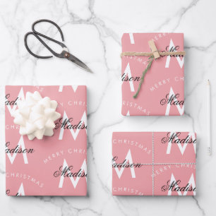 Gepersonaliseerd Merry Christmas Blush Roze Monogr Inpakpapier Vel