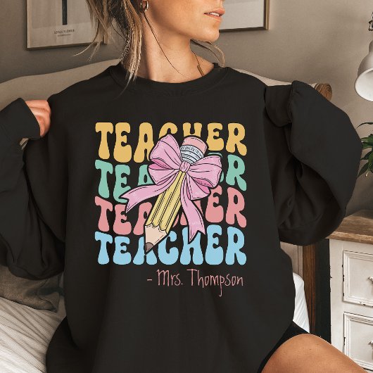 Gepersonaliseerd met naam Roze Bow Teacher Custom Trui